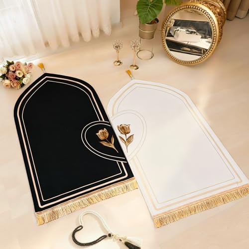 Drydiet 2 Pcs Muslim Couple Prayer Rug Set Heart Design with 2 Pcs Prayer Beads Islamic Muslim Gift Black and White Travel Mat Soft Velvet Mat for Couple Women Men Ramadan Eid Wedding Birthday - Image 1