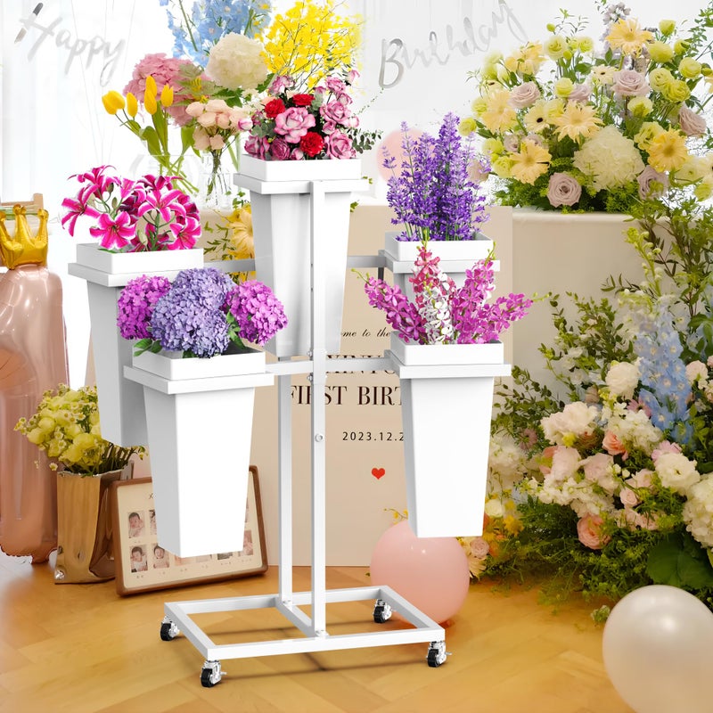 VGMiu Flower Display Stand with Buckets Wedding Flower Cart with Wheels, White Flower Pot Stand, Moving Florist Bouquet Shelf for Weddings Party Bridal Shower Event Patio Garden Living Room Decor - Image 4