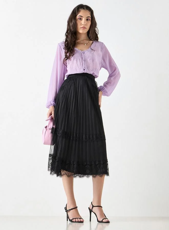 2Xtremz 2Xtremz Pleated Midi Skirt with Elasticated Waistband and Lace Detail
