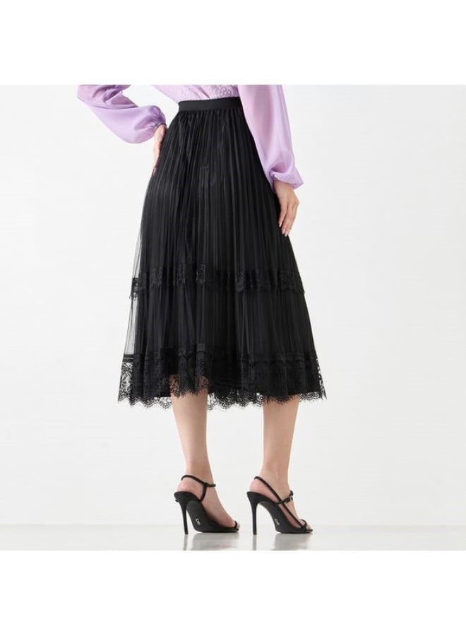 2Xtremz 2Xtremz Pleated Midi Skirt with Elasticated Waistband and Lace Detail - Image 1