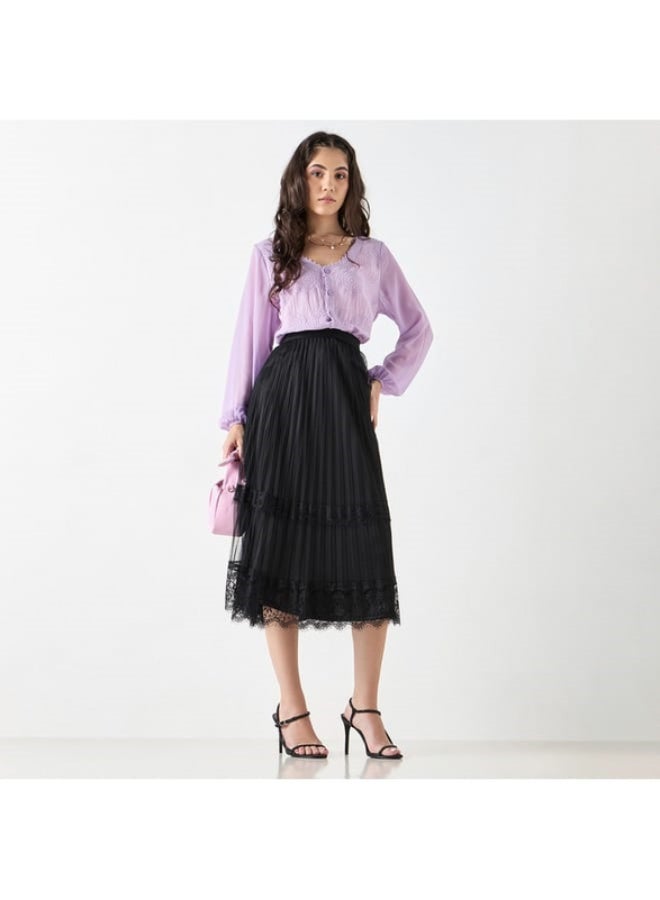 2Xtremz 2Xtremz Pleated Midi Skirt with Elasticated Waistband and Lace Detail - Image 3
