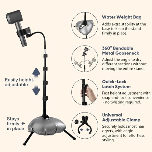 Hugabow Hair Dryer Stand - 360° Rotating Universal Holder, 20-65 Inch Adjustable, Hands Free for Pain Relief & Multi-Tasking - Image 2