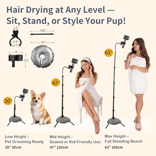 Hugabow Hair Dryer Stand - 360° Rotating Universal Holder, 20-65 Inch Adjustable, Hands Free for Pain Relief & Multi-Tasking - Image 3