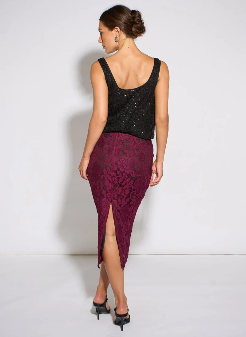 Gini London  Plum Corded Lace Pencil Midi Skirt for Women | Best Price UAE