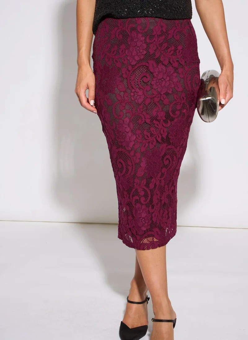 Gini London  Plum Corded Lace Pencil Midi Skirt for Women | Best Price UAE