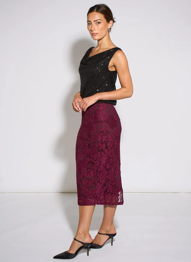 Gini London  Plum Corded Lace Pencil Midi Skirt for Women | Best Price UAE