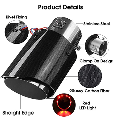 WENJTP 2.25 Inch LED Exhaust Tip Tailpipe Tip 60mm Straight Carbon Fiber Style Bolt Clamp On for Cars HTRACING (Red Light) - Image 3