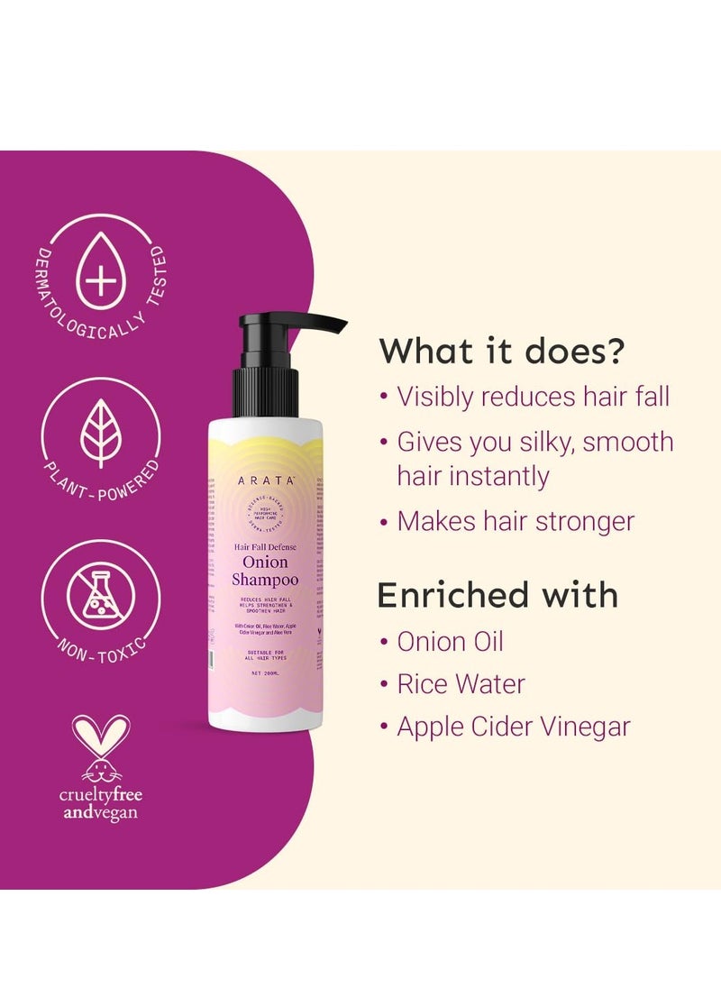 Arata Hair Fall Defense Onion Shampoo 200 ML Helps Strengthen Smoothen Hair With Onion Oil Rice Water Apple Cider Vinegar and Aloe Vera
