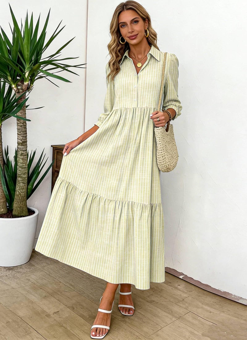 XNC Women's Striped Maxi Dresses 2026 Summer Fashion Collared Boho Dress Print 3/4 Sleeve Work Dress with Pockets - Image 4