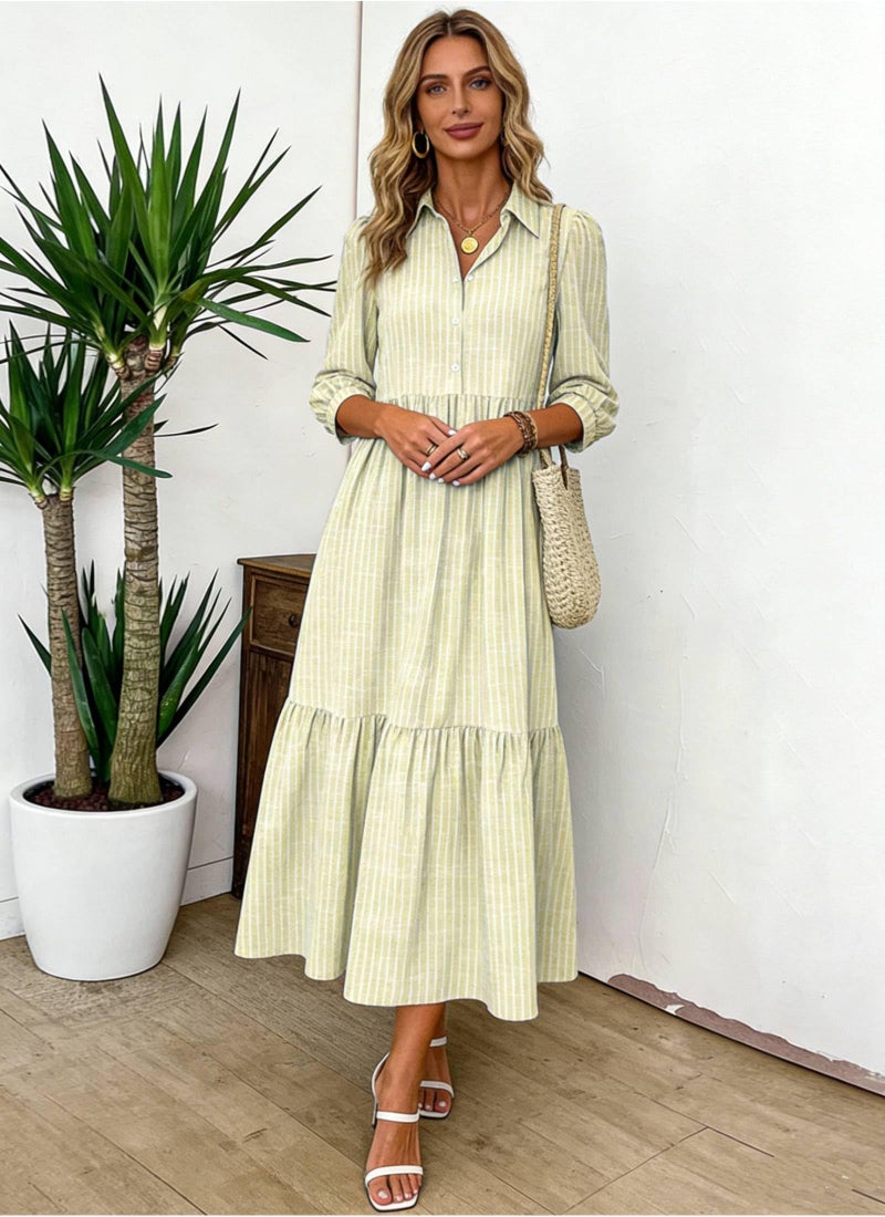 XNC Women's Striped Maxi Dresses 2026 Summer Fashion Collared Boho Dress Print 3/4 Sleeve Work Dress with Pockets - Image 2
