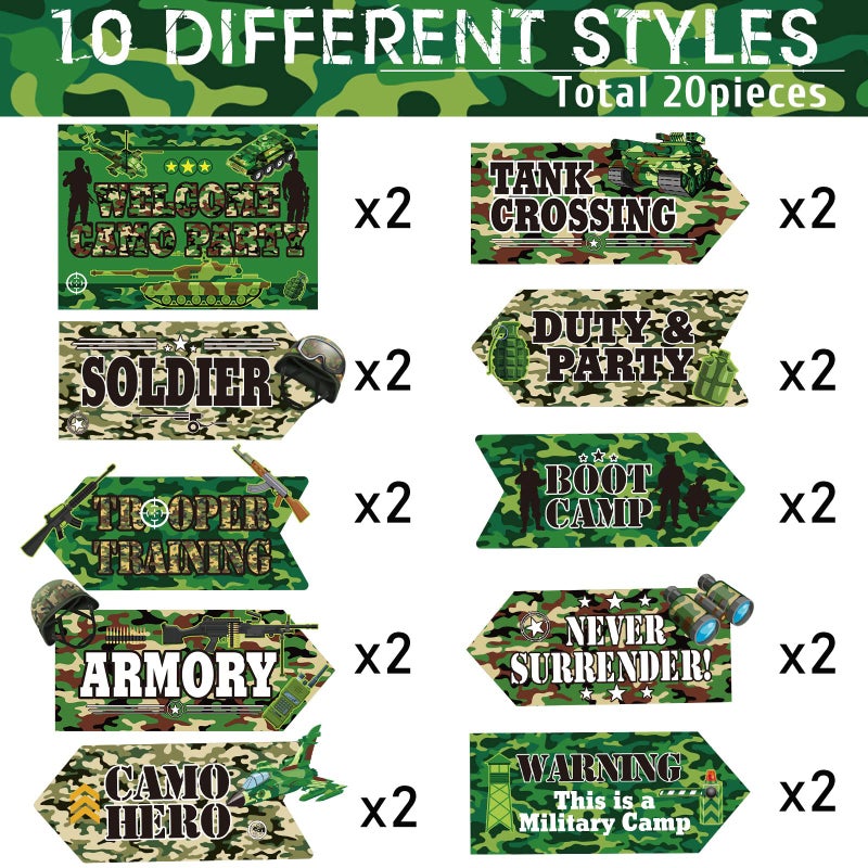Chinco 20 Pieces Army Decorations for Party Camo Signs Camouflage Military Birthday Party Supplies for Kids Boys Military Themed Outdoor Indoor Decor, 10 Styles - Image 4