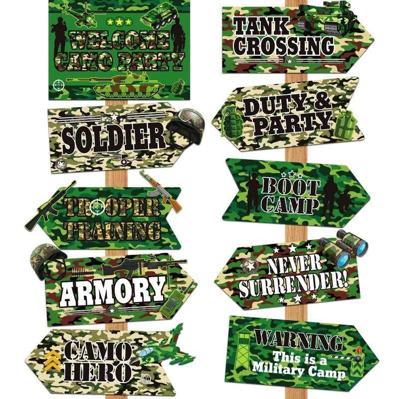 Chinco 20 Pieces Army Decorations for Party Camo Signs Camouflage Military Birthday Party Supplies for Kids Boys Military Themed Outdoor Indoor Decor, 10 Styles - Image 1