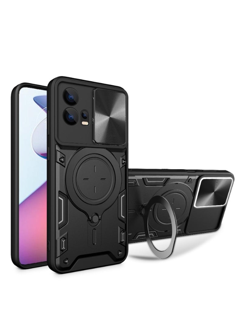 Generic - Xiaomi Redmi Note 12 Pro Plus 5G Black Mobile Phone Case Cover, Slide Camera Lens Cover, 360°Rotating Kickstand Ring, Bumper Shockproof Phone Case，Compatible with Car Magnetic Mount - Image 1