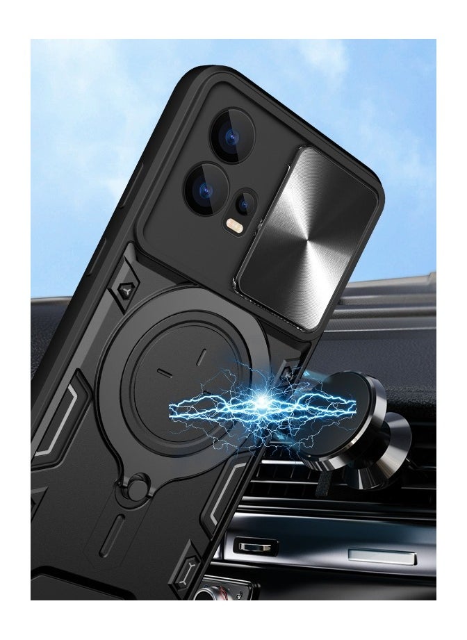 Generic - Xiaomi Redmi Note 12 Pro Plus 5G Black Mobile Phone Case Cover, Slide Camera Lens Cover, 360°Rotating Kickstand Ring, Bumper Shockproof Phone Case，Compatible with Car Magnetic Mount - Image 1
