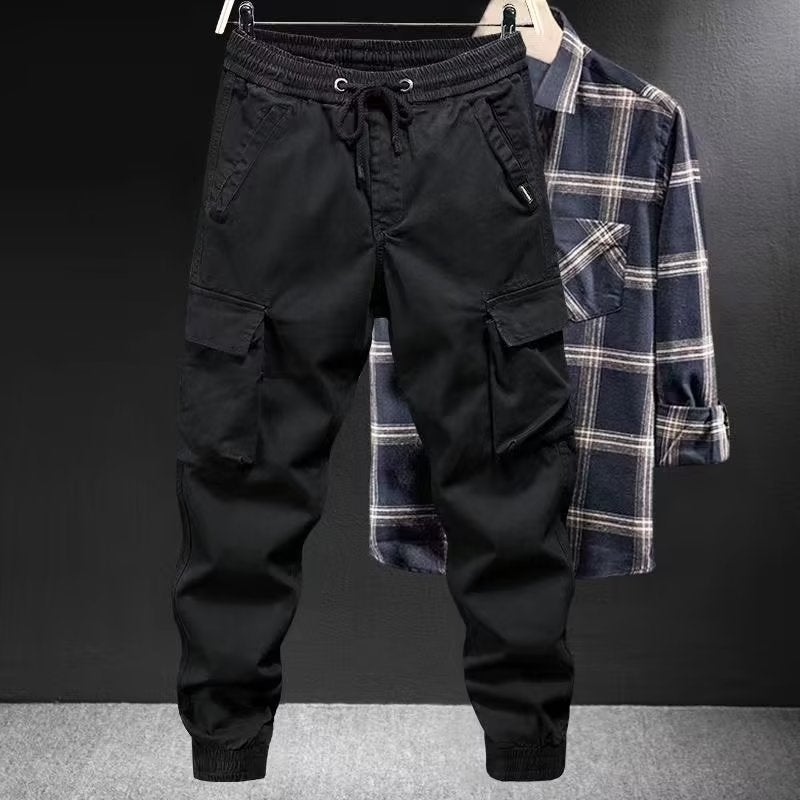 Foreign trade overalls mens autumn and winter New Korean style loose plus size casual pants outdoor fashion brand multi-pocket ankle-tied pants Black (regular)