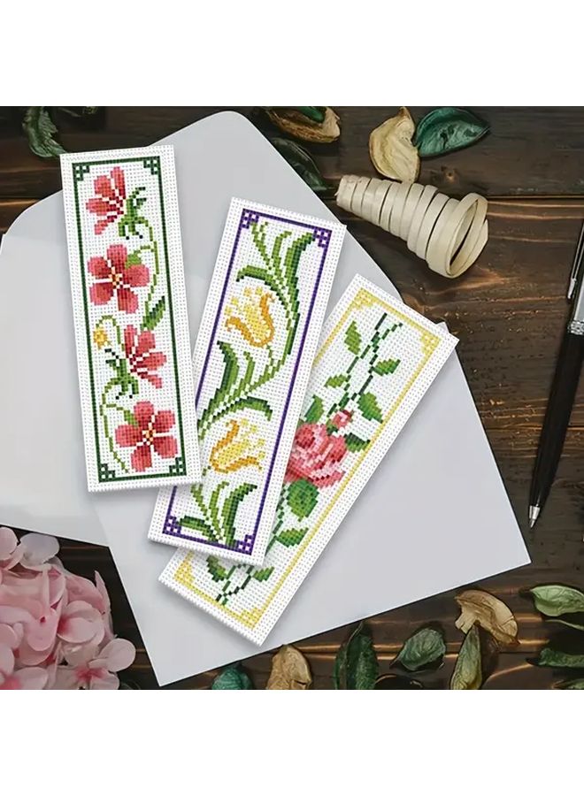 Mixed Color Plant Cross Stitch Bookmark DIY Kit 6Pcs with Aida Cloth Thread Tools - Image 4