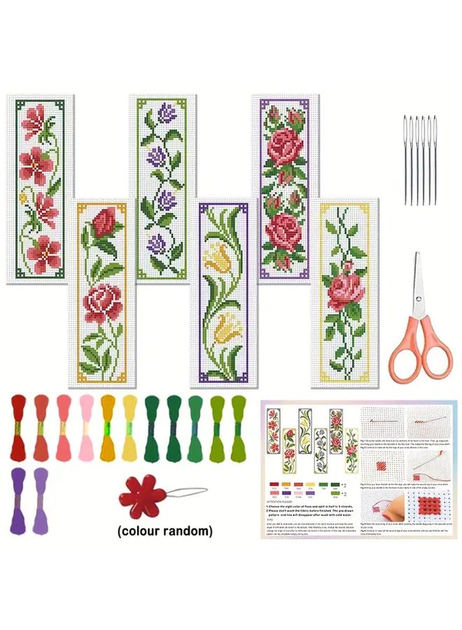 Mixed Color Plant Cross Stitch Bookmark DIY Kit 6Pcs with Aida Cloth Thread Tools - Image 2