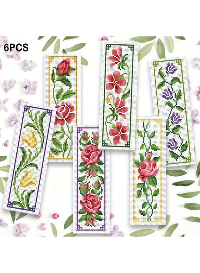 Mixed Color Plant Cross Stitch Bookmark DIY Kit 6Pcs with Aida Cloth Thread Tools - Image 1