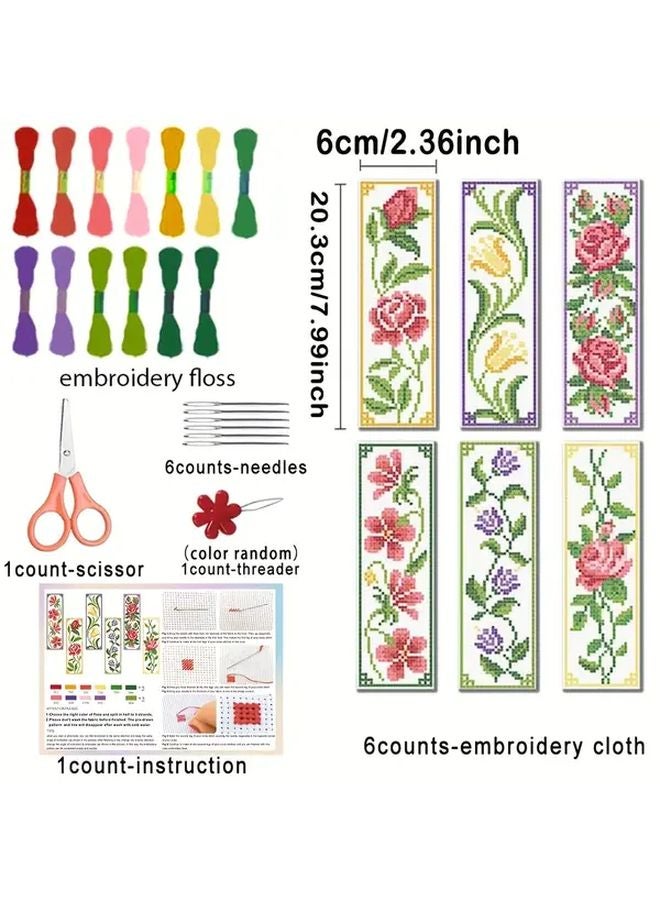 Mixed Color Plant Cross Stitch Bookmark DIY Kit 6Pcs with Aida Cloth Thread Tools - Image 3