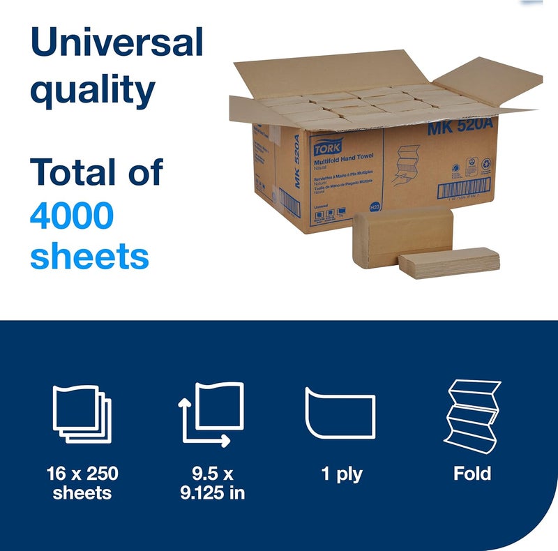 Tork Tork Multifold Hand Towel Natural 100 recycled FSC certified Compatible with H2 Dispensers 16 packs x 250 sheets MK520A  - Image 2