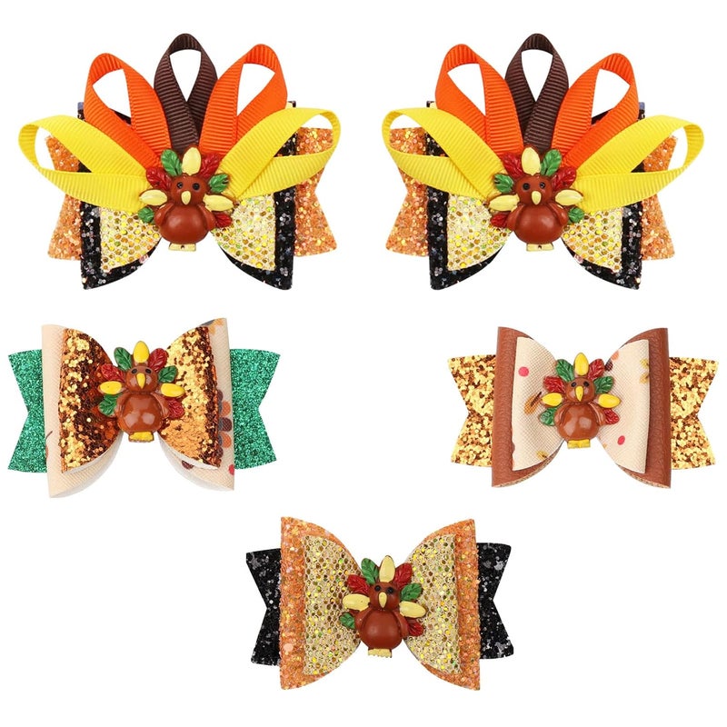 Whaline Large Thanksgiving Hair Bow Clip 5 Pack Glitter Turkey Bow Hair Barrette Seasonal Hair Bow Hairgrips Bow Hairpin for Girls Toddlers Teens Thanksgiving Autumn Fall Party Hair Accessories