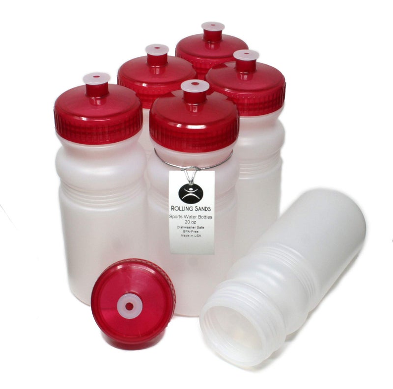 Rolling Sands 20 Ounce Sports Water Bottles 6 Pack  BPA-Free  Made In USA  Dishwasher Safe  Clear Frost Bottles/Red Lids - Image 1