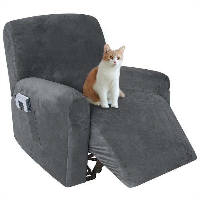 4PIECE RECLINER CHAIR COVERS VELVET PLUSH RECLINER COVERS FOR LARGE RECLINER STRETCH SINGLE RECLINING SOFA COVER FOR HOME THEATER SEATING WITH SIDE POCKET THICK SOFT MACHINE WASHABLE