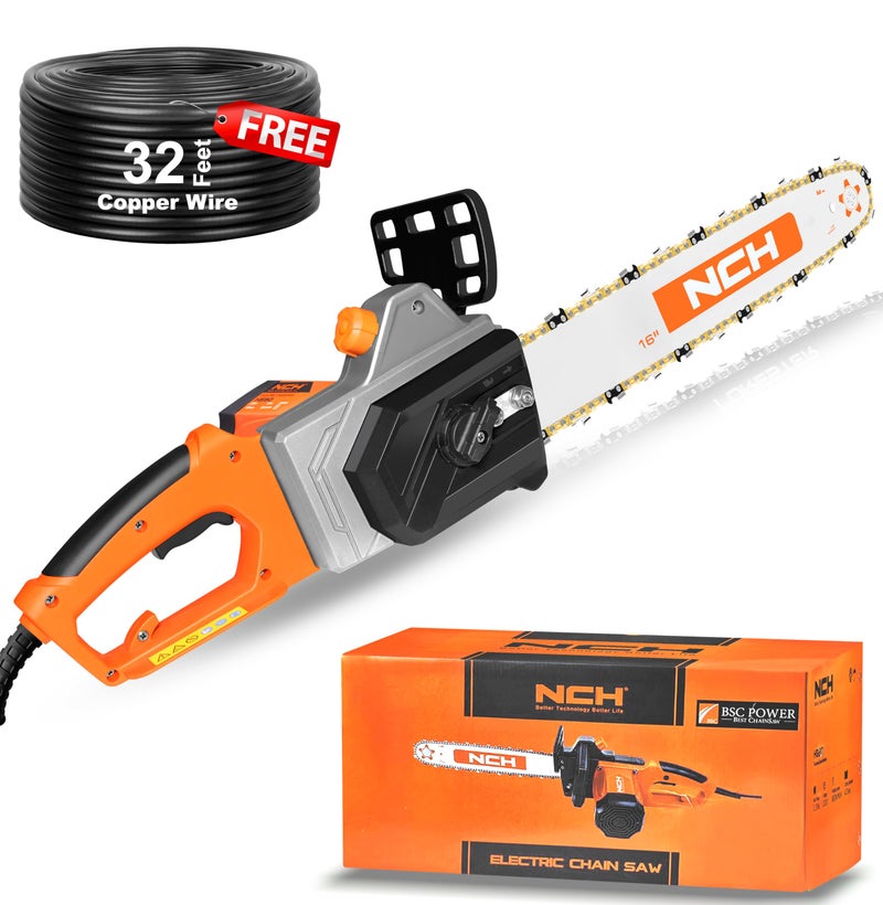 DVI Electric Chainsaw With 16-Inch Guide Bar With 2300 W High Power Motor With Low-Kickback System | Perfect For Cutting Wood, Pruning and Harvesting Firewood | With Free 32 Feet Wire - Image 1