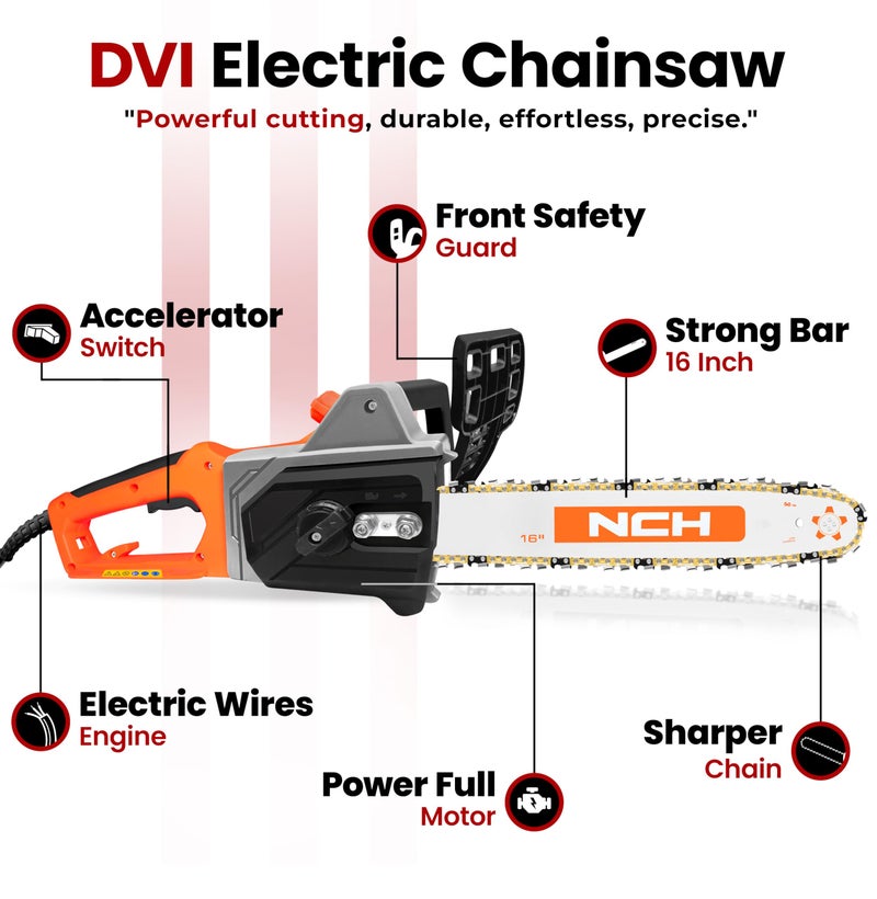 DVI Electric Chainsaw With 16-Inch Guide Bar With 2300 W High Power Motor With Low-Kickback System | Perfect For Cutting Wood, Pruning and Harvesting Firewood | With Free 32 Feet Wire - Image 2