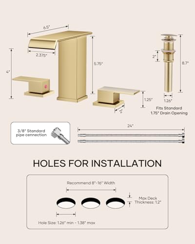 AVSIILE Waterfall Bathroom Faucet 3 Hole, Brushed Gold 8 Inch Widespread Modern 3 Piece Bathroom Sink Faucets & Parts, Touch On Lavatory Faucet for Bathroom Vanity - Image 2