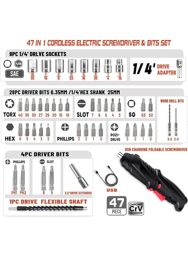 إيروريكس مفك براغي كهربائي 4.2 فولت لاسلكي قابل لإعادة الشحن مع مجموعة رؤوس مفك براغي مكونة من 44 قطعة وإضاءة أمامية LED وعمود مرن وحقيبة حمل سهلة للمشاريع المنزلية الصغيرة ومنفذ Micro USB - Image 5