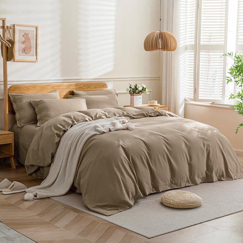JELLYMONI Cotton Duvet Cover King Size - Khaki Comforter Cover with Button 100% Washed Cotton 3PCS Breathable Soft Solid Bedding Set Duvet Cover 104Ã—90in & 2 Pillowcases (NO Comforter) - Image 3