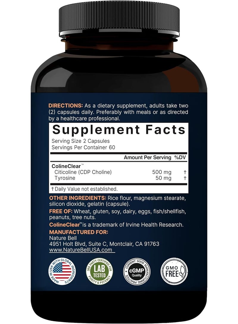 نايتشر بيل مكملات سيتيكولين، 120 كبسولة من الكولين CDP بتركيز 500 ملغ بالإضافة إلى التيروزين، 60 حصة - Image 3
