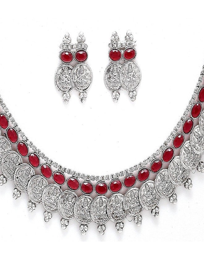 KENNICE Antique Oxidised Silver-Plated Traditional Temple Coin American Diamond Studded Necklace With Earrings Jewellery Set For Women & Girls - Image 5
