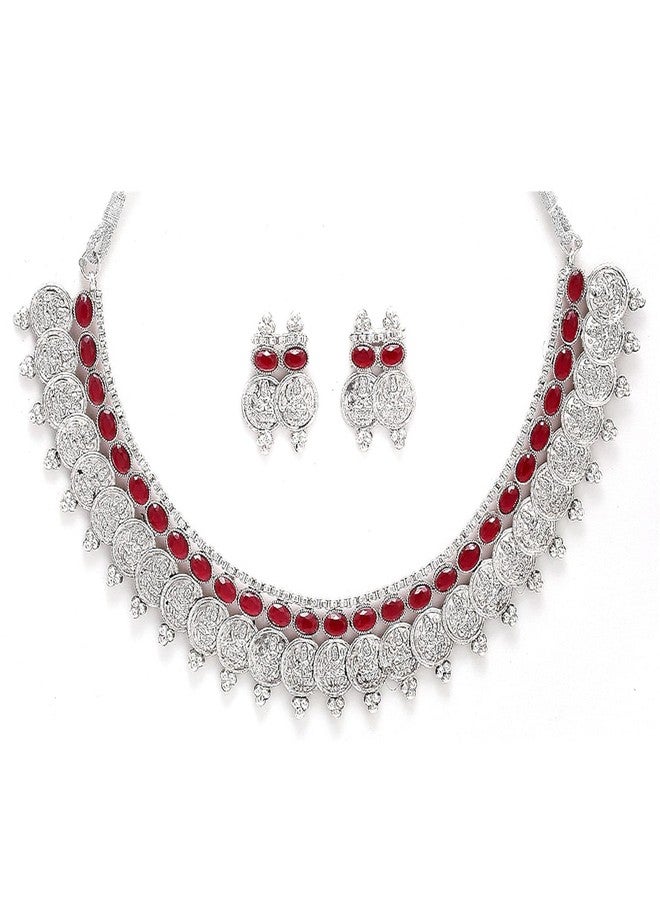 KENNICE Antique Oxidised Silver-Plated Traditional Temple Coin American Diamond Studded Necklace With Earrings Jewellery Set For Women & Girls - Image 1