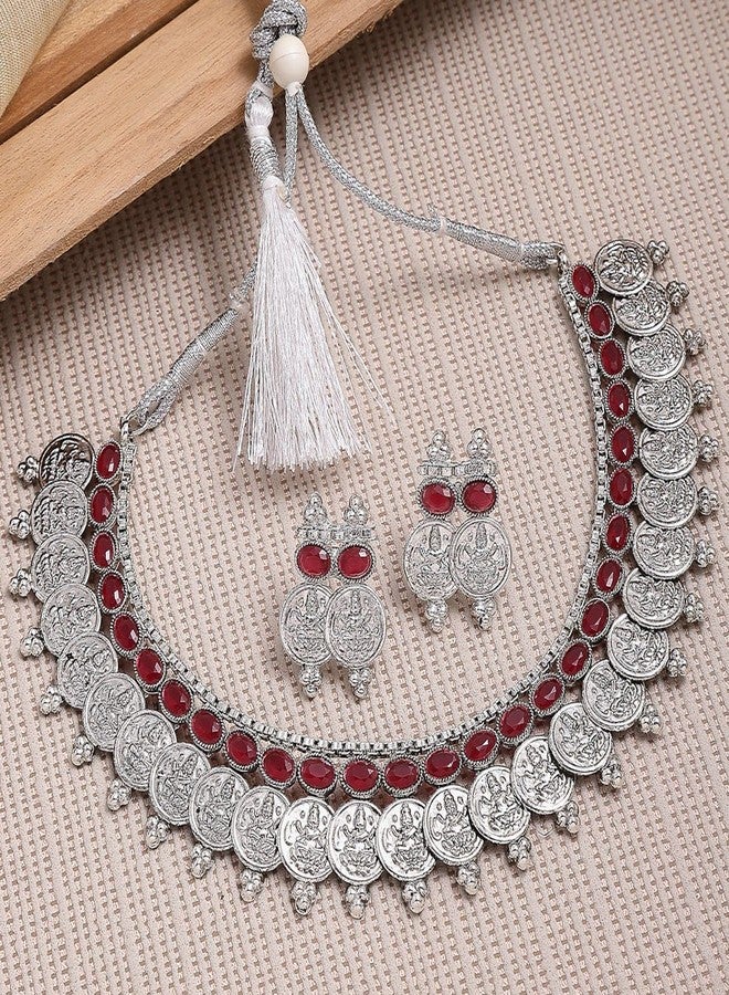 KENNICE Antique Oxidised Silver-Plated Traditional Temple Coin American Diamond Studded Necklace With Earrings Jewellery Set For Women & Girls - Image 2