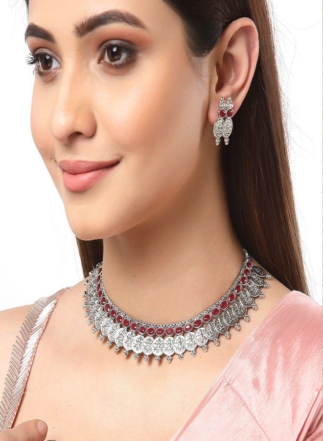 KENNICE Antique Oxidised Silver-Plated Traditional Temple Coin American Diamond Studded Necklace With Earrings Jewellery Set For Women & Girls - Image 4