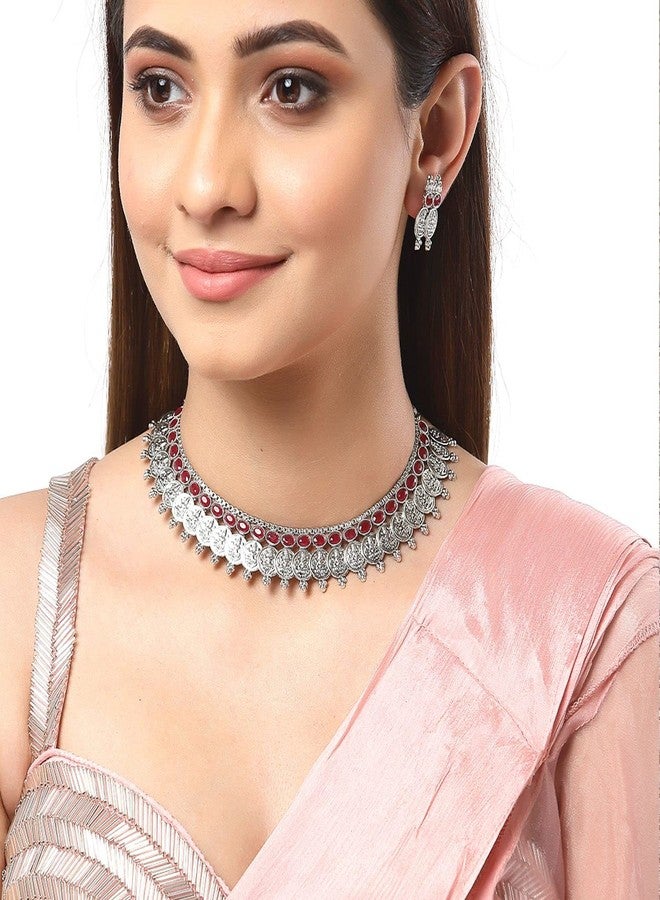 KENNICE Antique Oxidised Silver-Plated Traditional Temple Coin American Diamond Studded Necklace With Earrings Jewellery Set For Women & Girls - Image 3