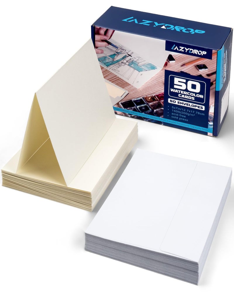 Lazydrop Watercolor Cards and Envelopes Set - 50 Folded 5x7 Inch Blank Heavyweight Paper Cards (140lb/300gsm) with Matching Envelopes for DIY Greeting Cards, Festivals, and Events - Image 1