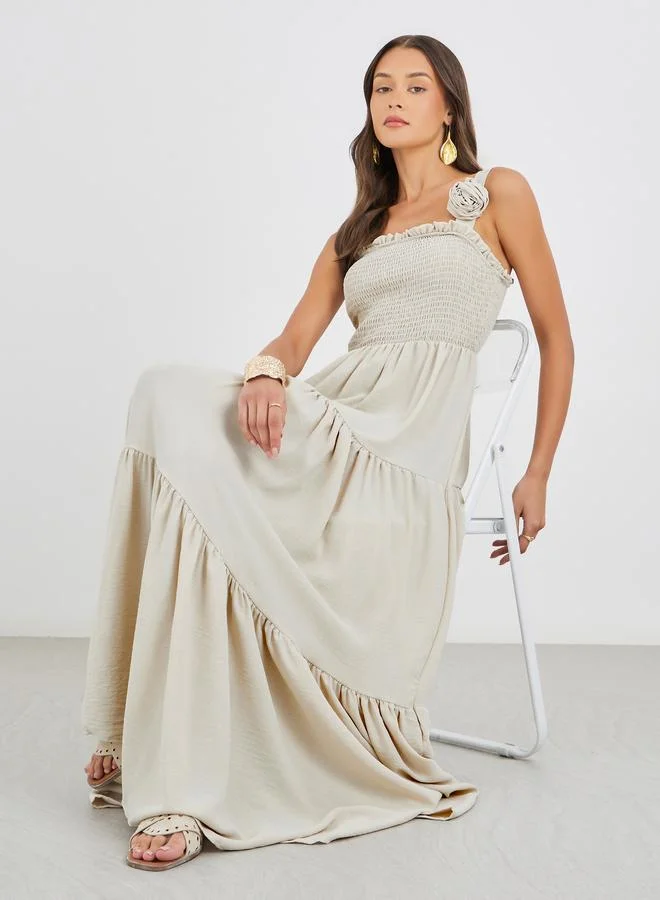 ستايلي Styli Plain Smocked Tiered Maxi Dress with Corsage Detail