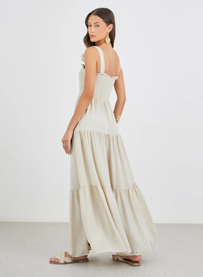 Styli Styli Plain Smocked Tiered Maxi Dress with Corsage Detail
