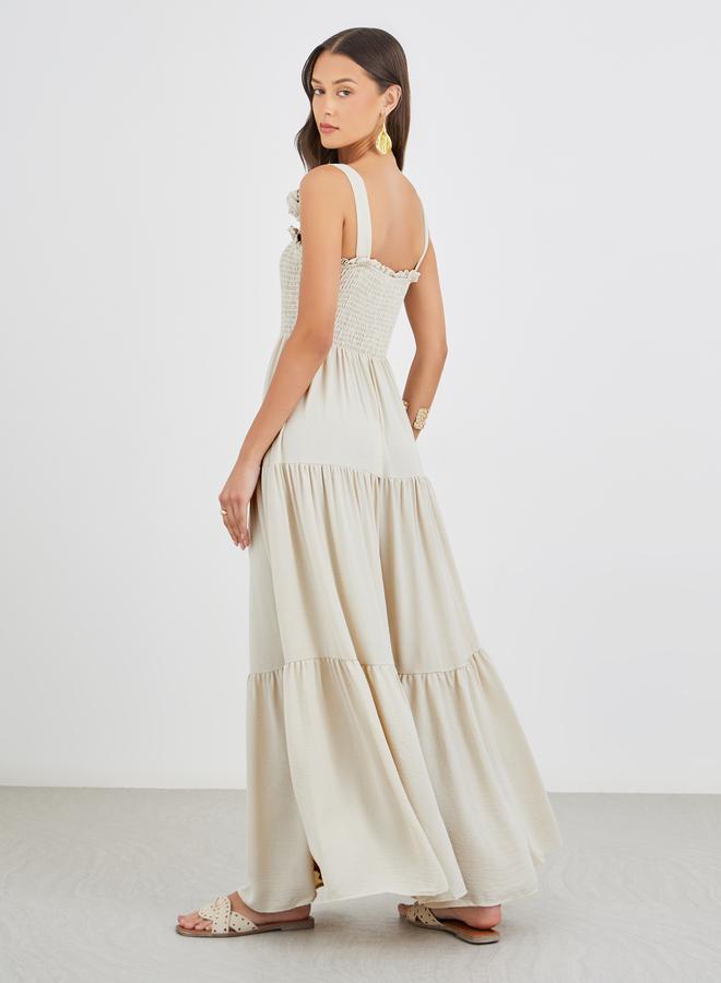 Styli Plain Smocked Tiered Maxi Dress with Corsage Detail - Image 5