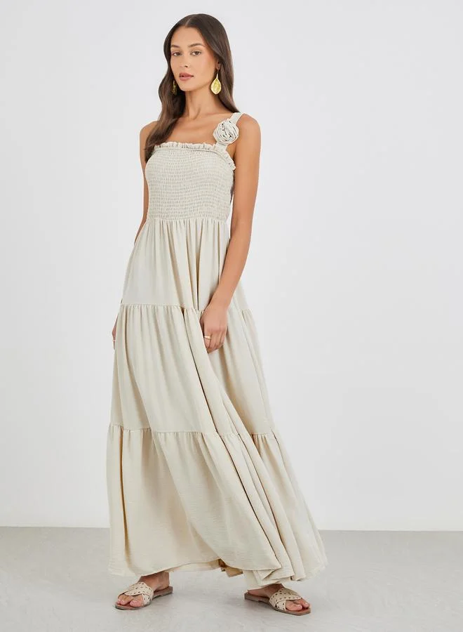 ستايلي Styli Plain Smocked Tiered Maxi Dress with Corsage Detail