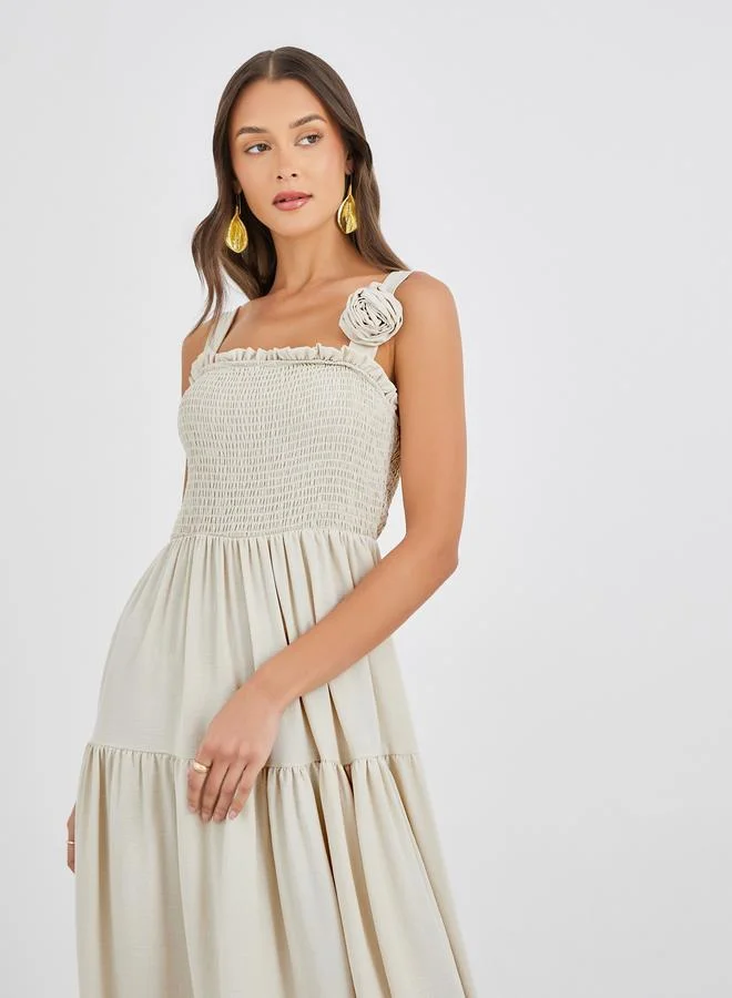 Styli Styli Plain Smocked Tiered Maxi Dress with Corsage Detail