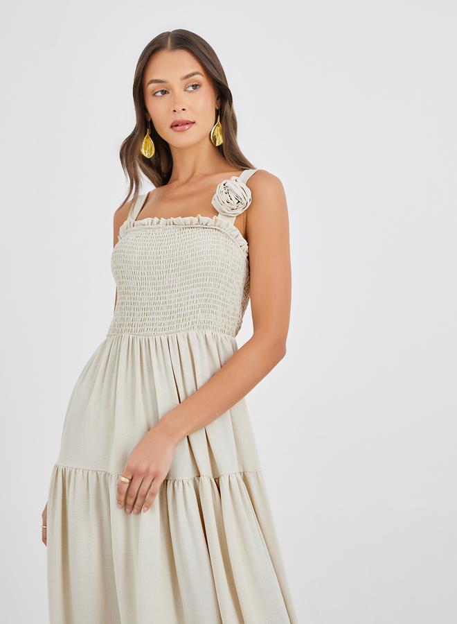 Styli Plain Smocked Tiered Maxi Dress with Corsage Detail - Image 3