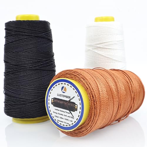 LUSTEMBER Heavy Duty Sewing Thread, 3 Rolls x 656 FT Extra Strong Nylon Upholstery Thread, Smooth Industrial String for Leather, Canvas, Outdoor Gear, Shoe Repair (Black, White, Brown) - Image 1