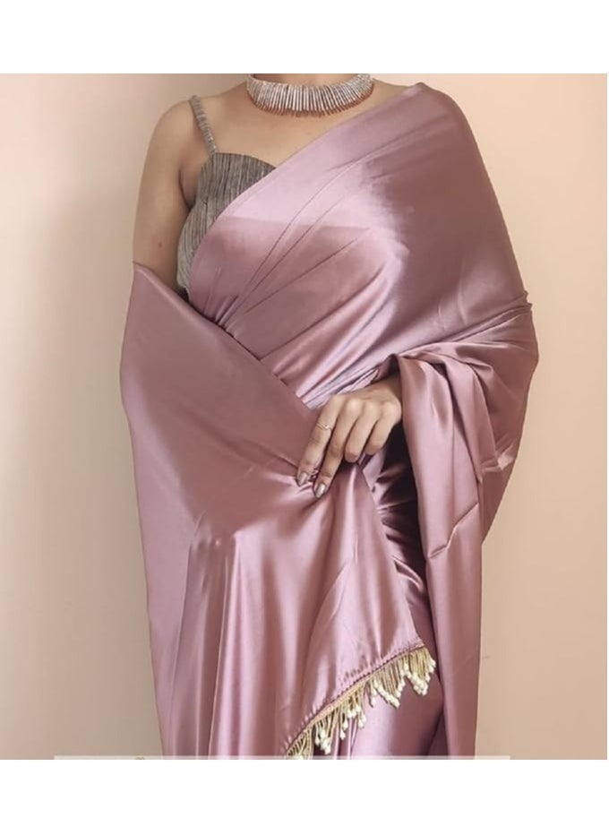 Accessorize Kingdom - Women's Ready to Wear Rose Gold Satin Silk 1 Minute Pre Pleated Heavy Saree with Designer Hand Work Tassels - Image 1
