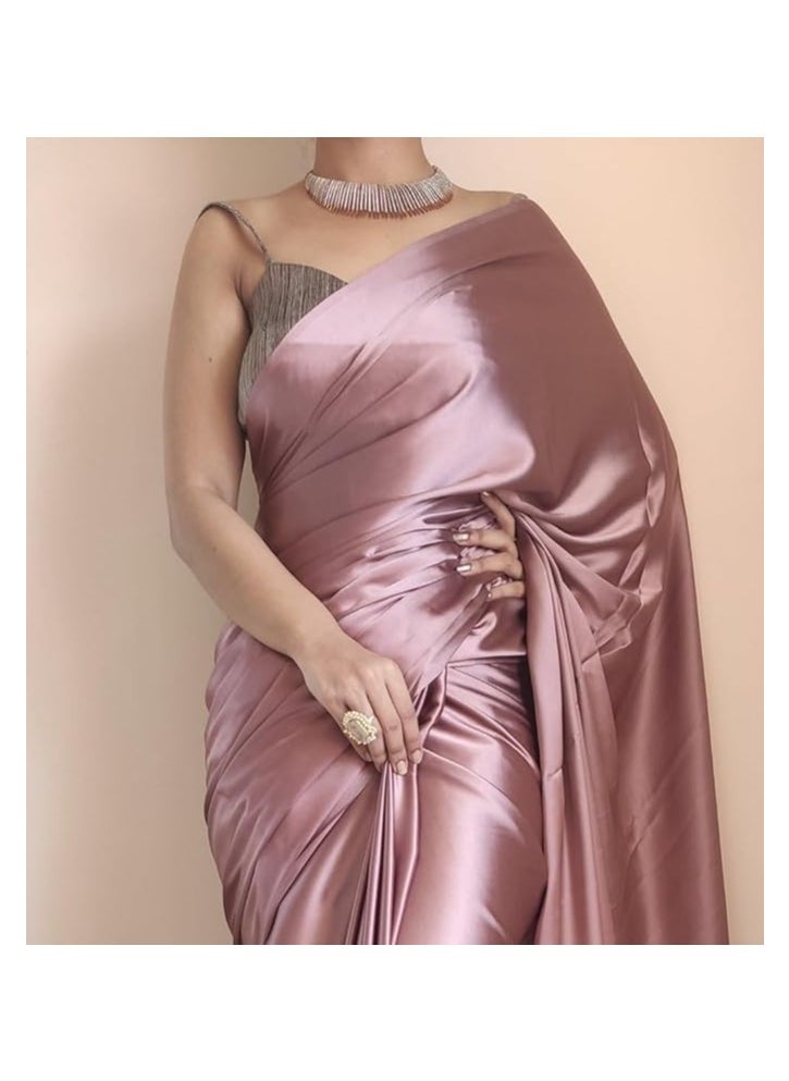 Accessorize Kingdom - Women's Ready to Wear Rose Gold Satin Silk 1 Minute Pre Pleated Heavy Saree with Designer Hand Work Tassels - Image 1