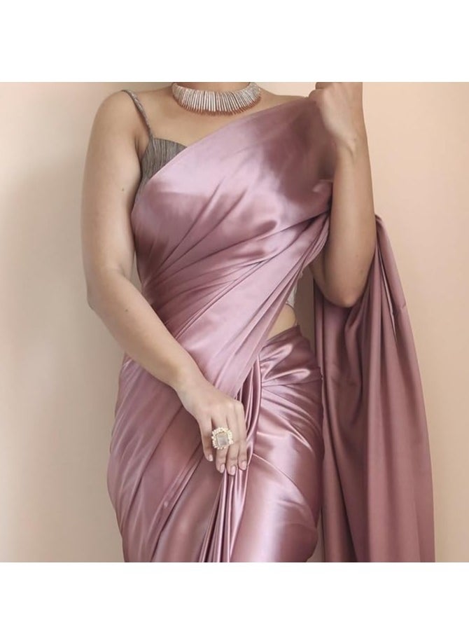 Accessorize Kingdom - Women's Ready to Wear Rose Gold Satin Silk 1 Minute Pre Pleated Heavy Saree with Designer Hand Work Tassels - Image 1
