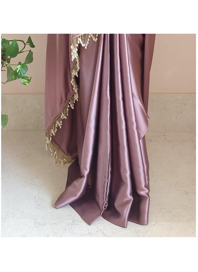 Accessorize Kingdom - Women's Ready to Wear Rose Gold Satin Silk 1 Minute Pre Pleated Heavy Saree with Designer Hand Work Tassels - Image 1